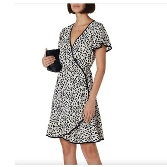 Slate & Willow Wrap Dress Leopard Print Flutter Sleeve Black Trim Size M - Picture 1 of 5